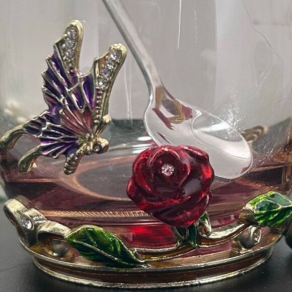 ARC Of France Jeweled Enameled Tea Cup Coffee Mug Clear Glass With Spoon 4" - Picture 2 of 5